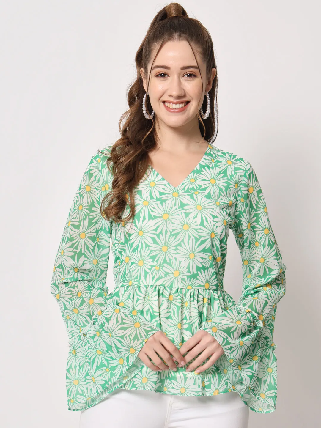 Floral Printed Bell Sleeves V-Neck Pleated Cinched Waist Top