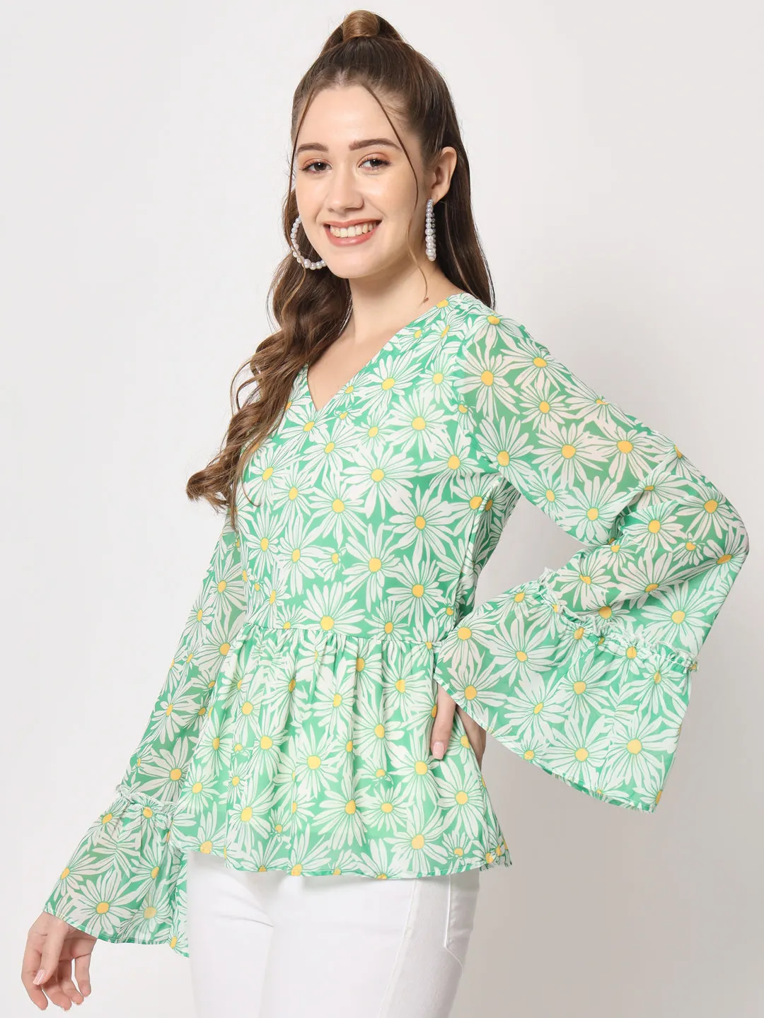 Floral Printed Bell Sleeves V-Neck Pleated Cinched Waist Top