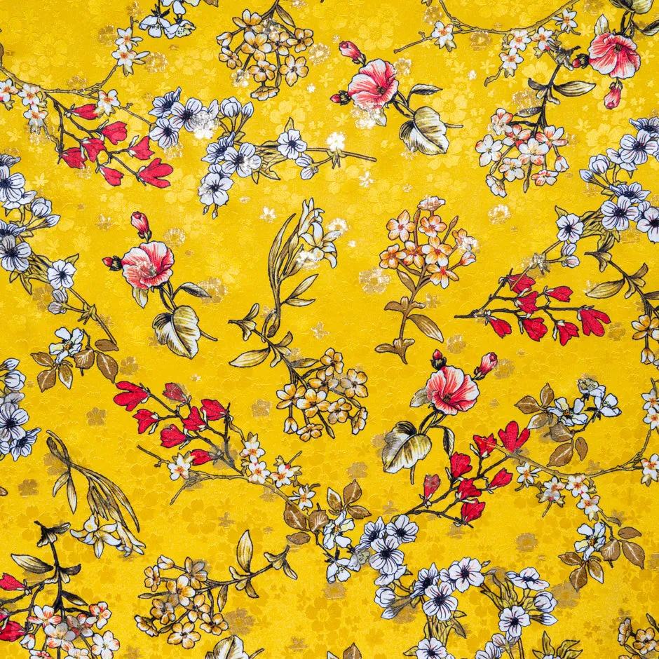 Floral Printed Deep Yellow Metallic Silk Jacquard