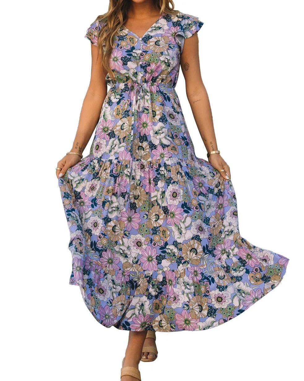 Floral Ruffle Sleeve Maxi Dress