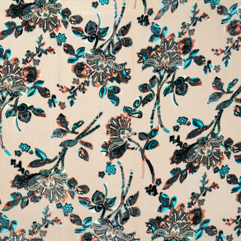 Floral Vision Printed Peach Devoré Velvet