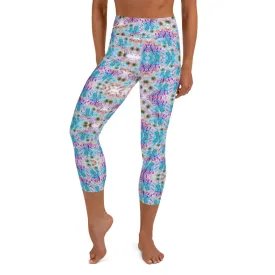 Floral Yoga Capri Leggings, Capris Flower Print Luxury Yoga Pants For Women-Made in USA/EU