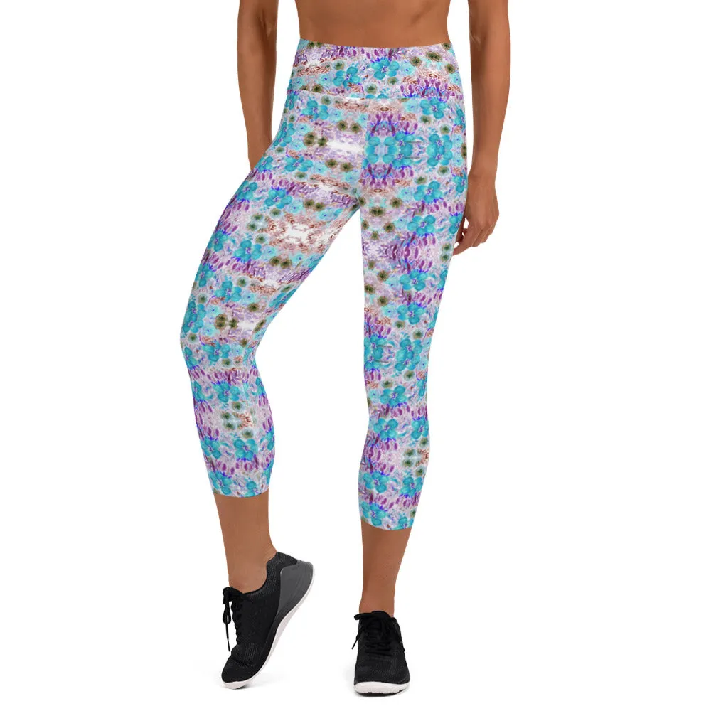 Floral Yoga Capri Leggings, Capris Flower Print Luxury Yoga Pants For Women-Made in USA/EU