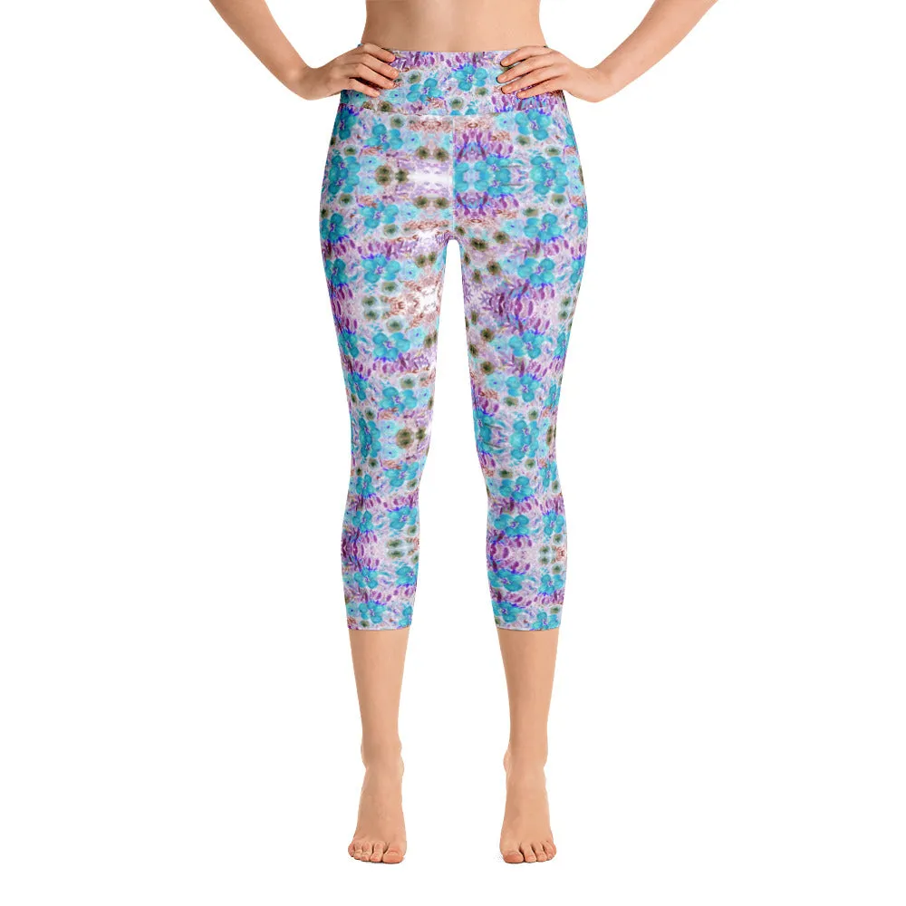 Floral Yoga Capri Leggings, Capris Flower Print Luxury Yoga Pants For Women-Made in USA/EU