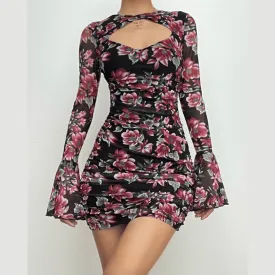 Flower print contrast hollow out long flared sleeve cut out mini dress