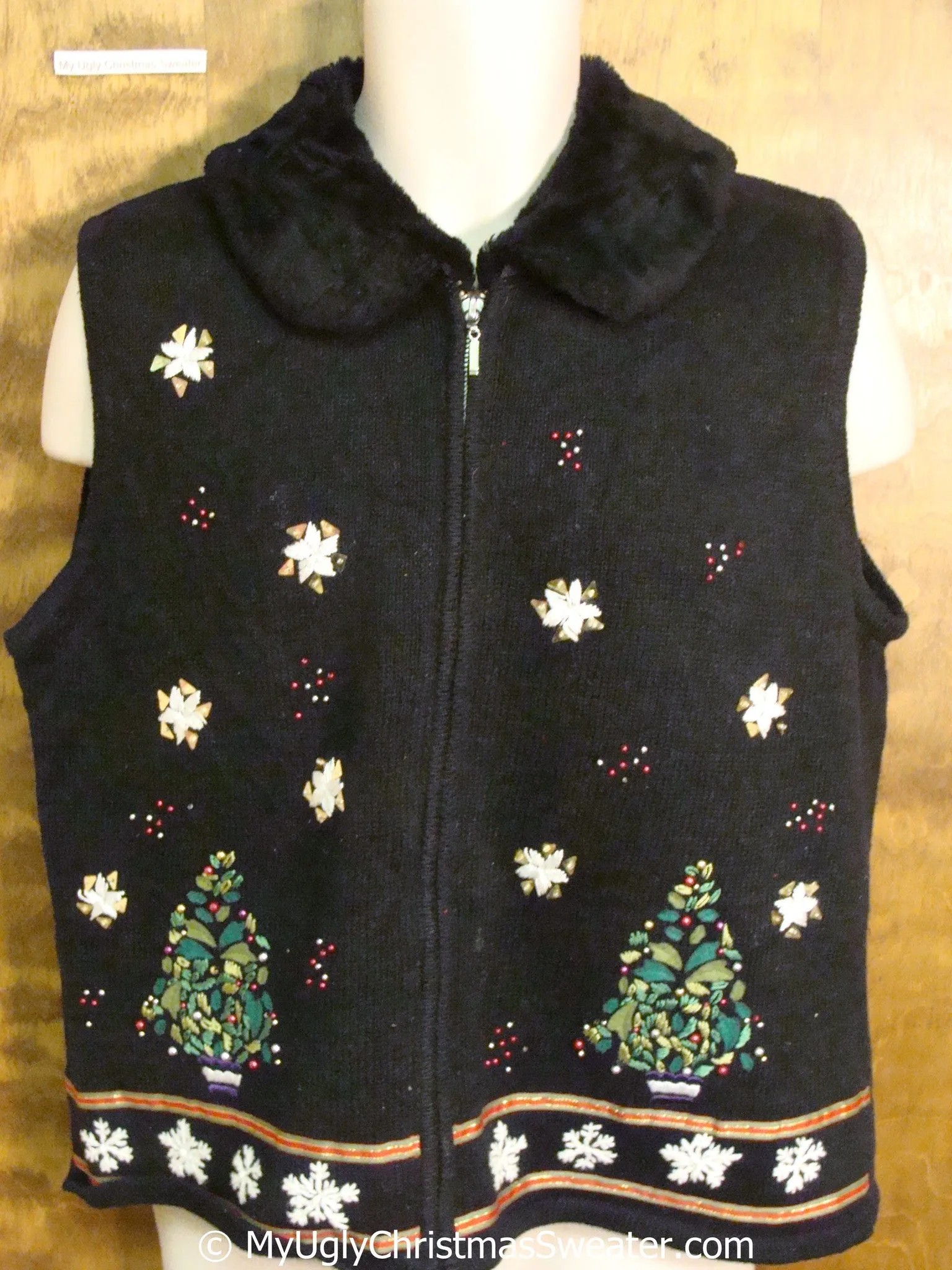 Fluff Collar Gem Ugly Christmas Sweater Vest