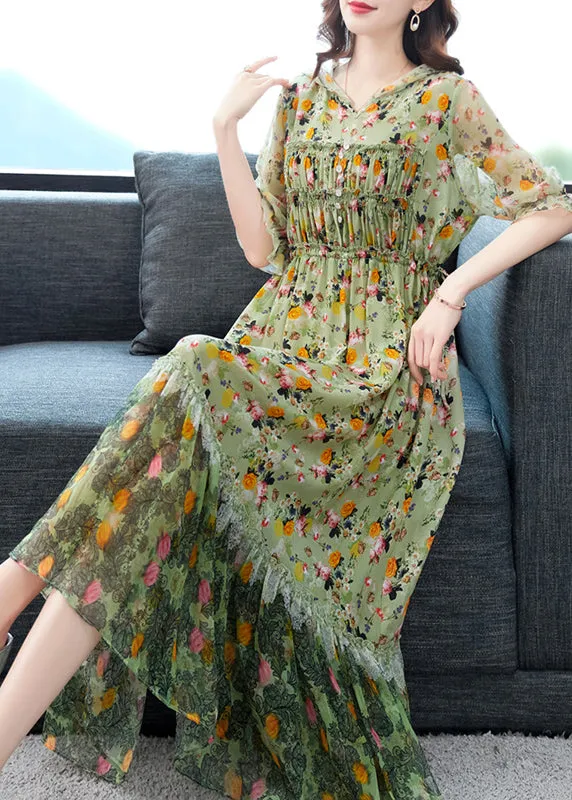 FLYTONN- Beautiful Grey Ruffled Print Patchwork Silk Long Dresses Summer BB009