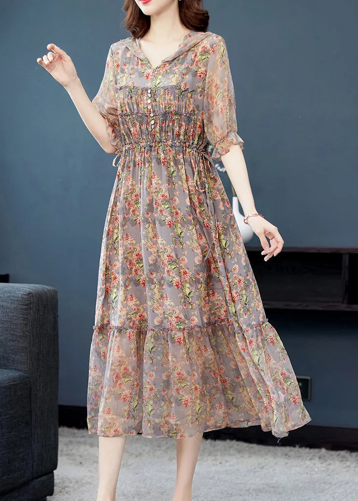 FLYTONN- Beautiful Grey Ruffled Print Patchwork Silk Long Dresses Summer BB009