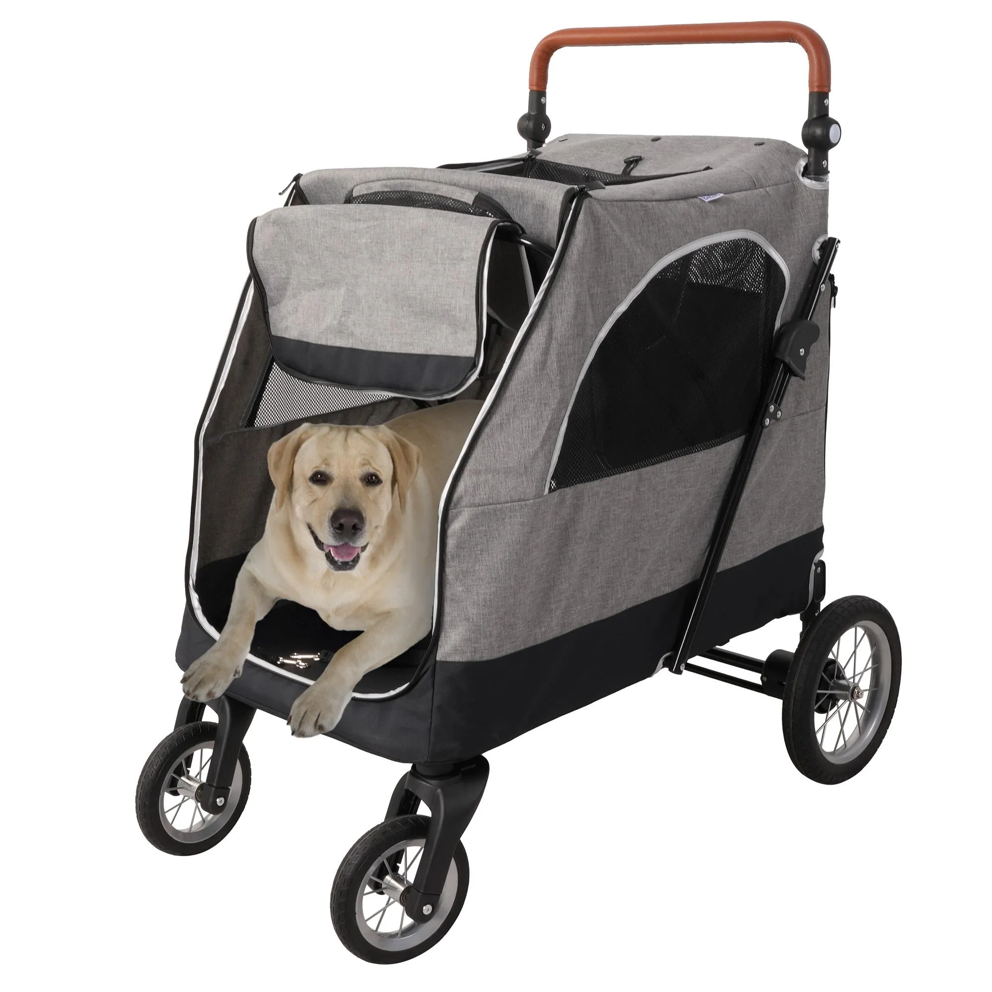 Foldable Travel Dog Stroller Pet Carrier with Adjustable Handle Mesh Window, Gray