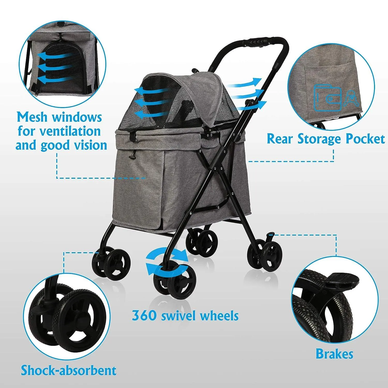 Folding Dog Stroller Carrier Pet Stroller with Front Entry and Multiple Mesh Windows, Gray