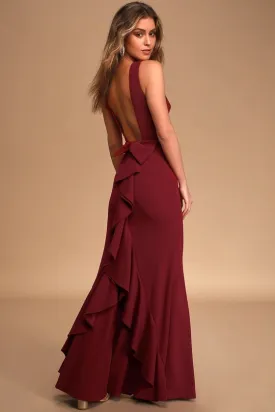 Forever Romance Burgundy Backless Ruffled Maxi Dress