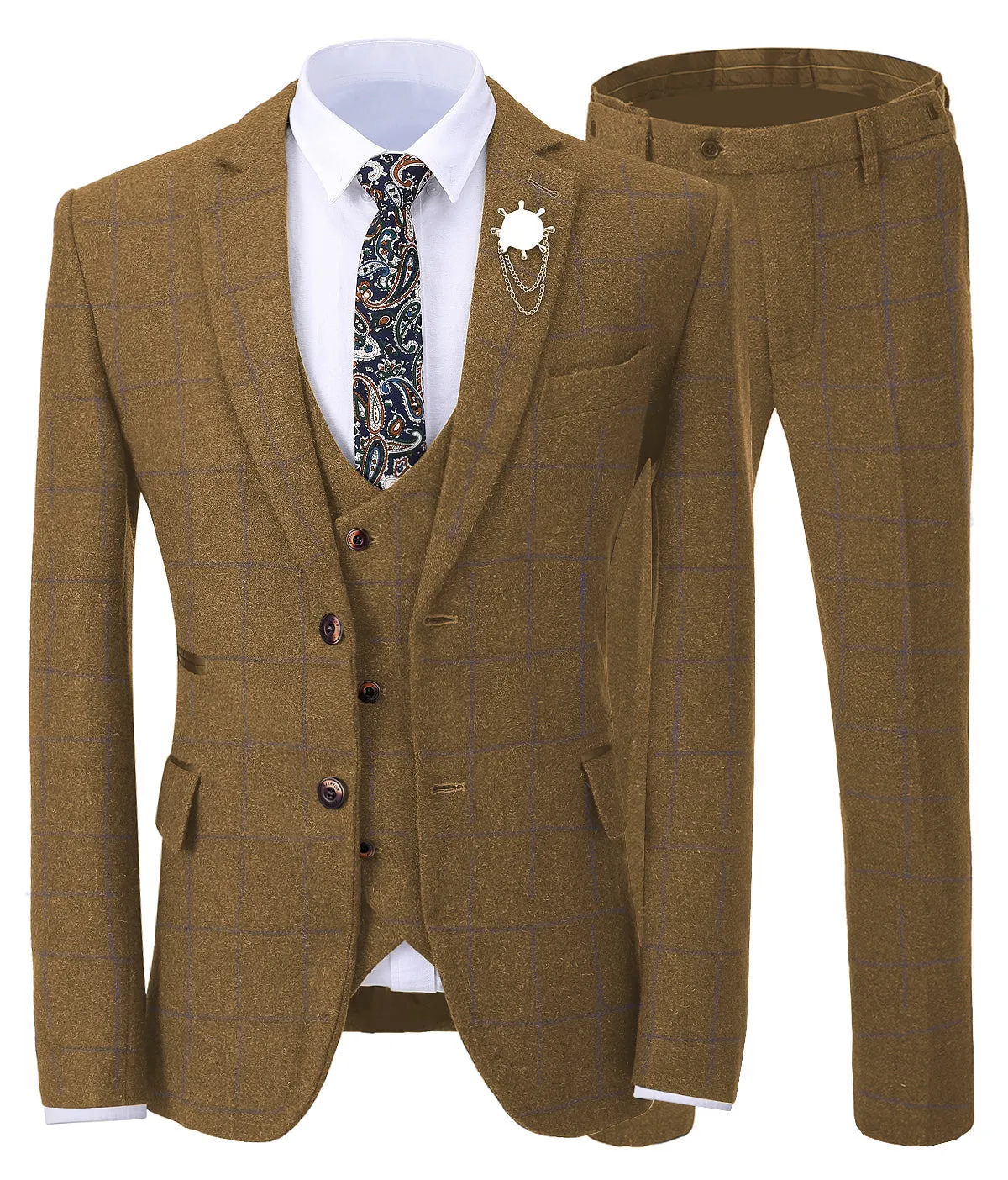 Formal 3 Pieces Tweed Plaid Notch Lapel Mens Suit (Blazer vest Pants)