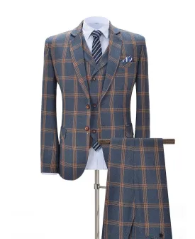 Formal Plaid 3 Pieces Mens Suit Notch Lapel Tuxedos (Blazer vest Pants)