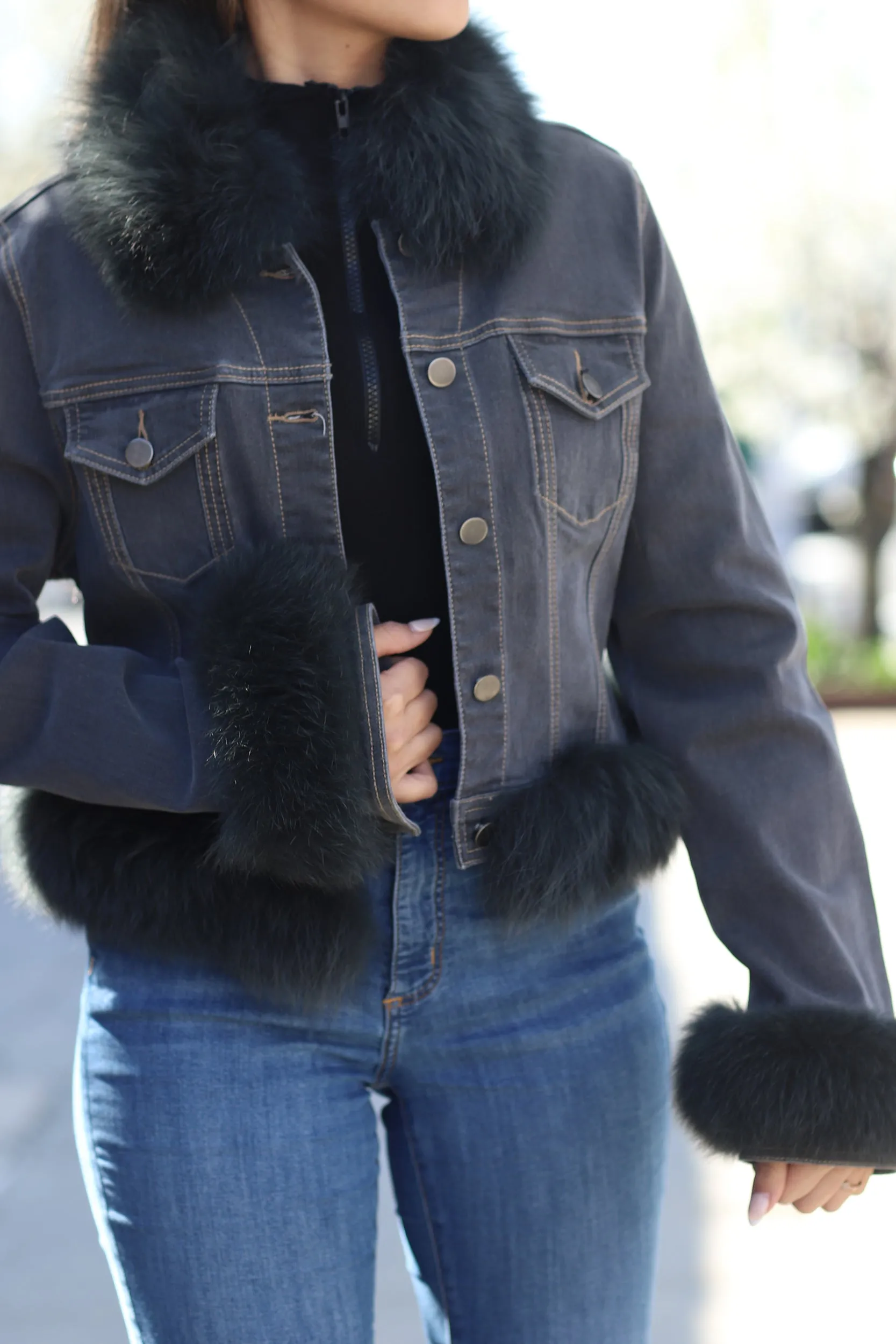 Fox Fur Denim Jacket - Black/Grey