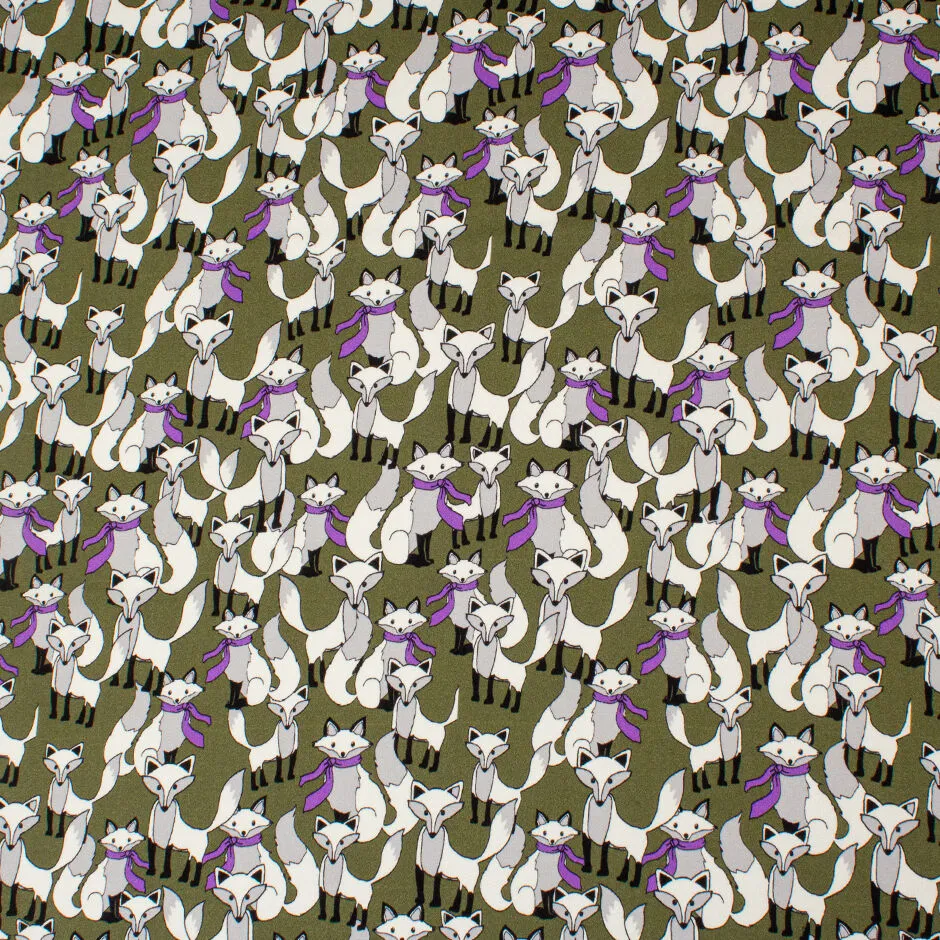 Fox Printed Olive Green Stretch Silk Satin