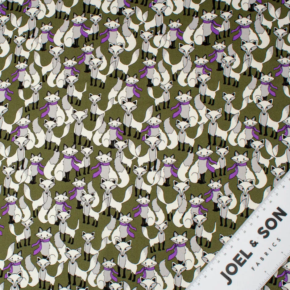 Fox Printed Olive Green Stretch Silk Satin