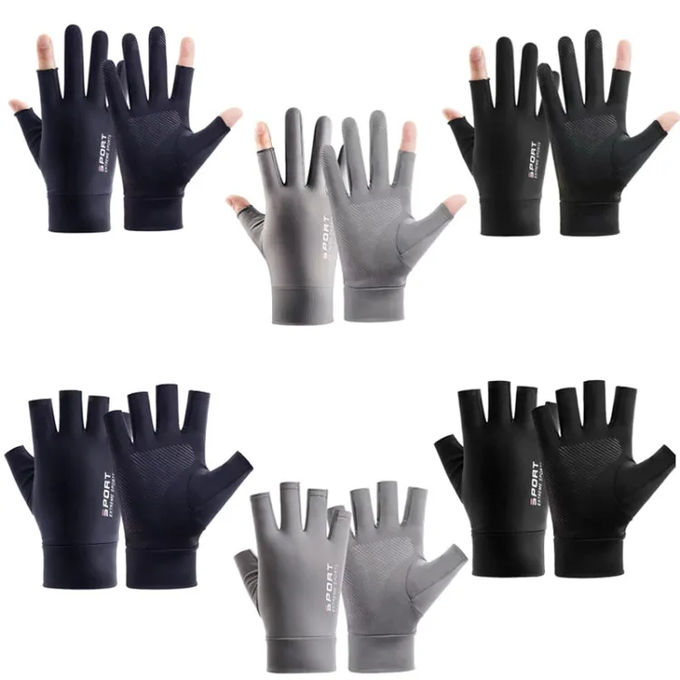 Free Code Summer Ice Silk Thin Sunscreen Gloves Fishing Non-slip Takeaway Rider Gloves(Two Finger Gray)