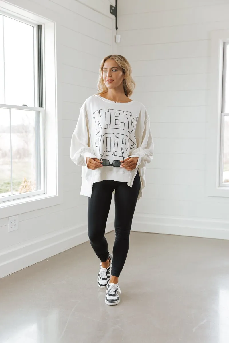 Free People Cream New York Pullover Sweatshirt