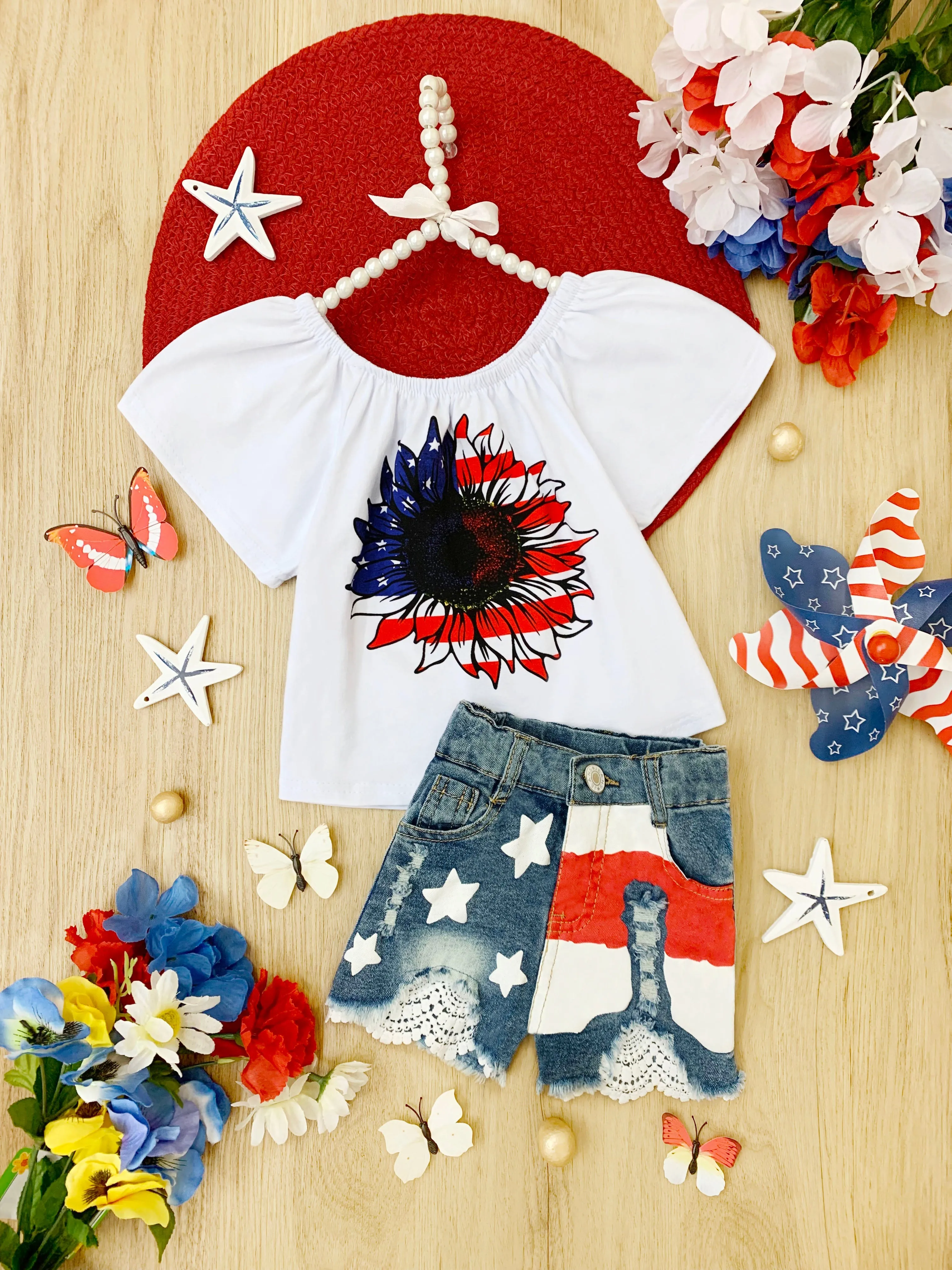 Freedom Flower Americana Top and Denim Shorts Set