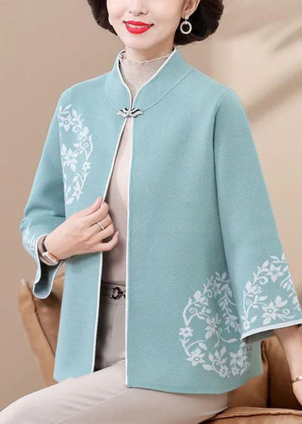 French Blue Stand Collar Print Woolen Coat Outwear Fall