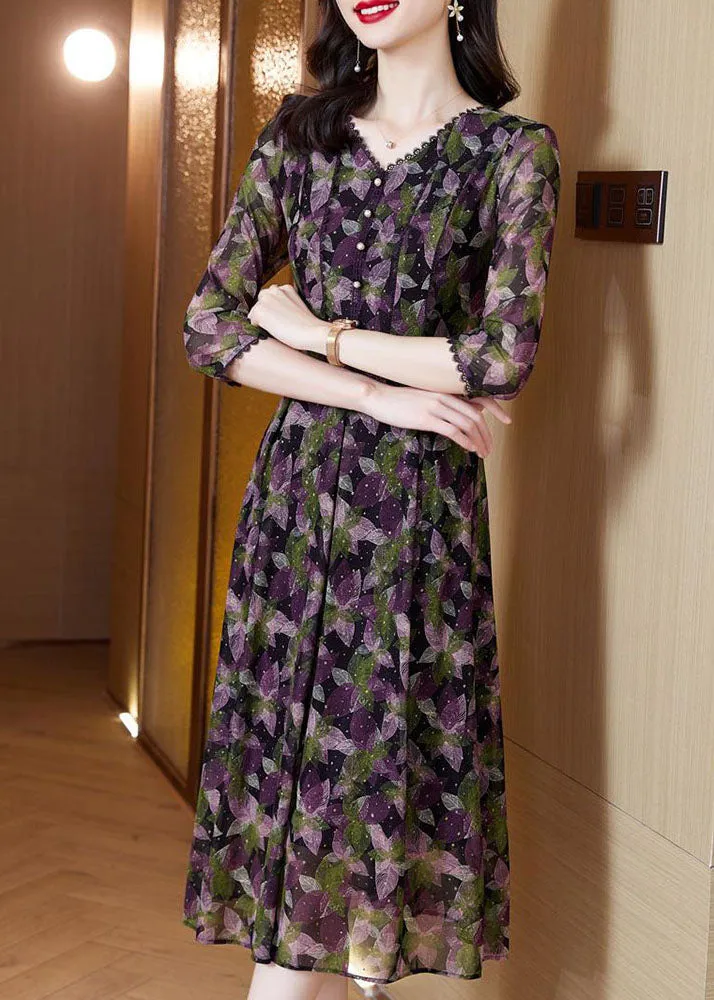 French Green V Neck Button Patchwork Print Chiffon Dresses Half Sleeve