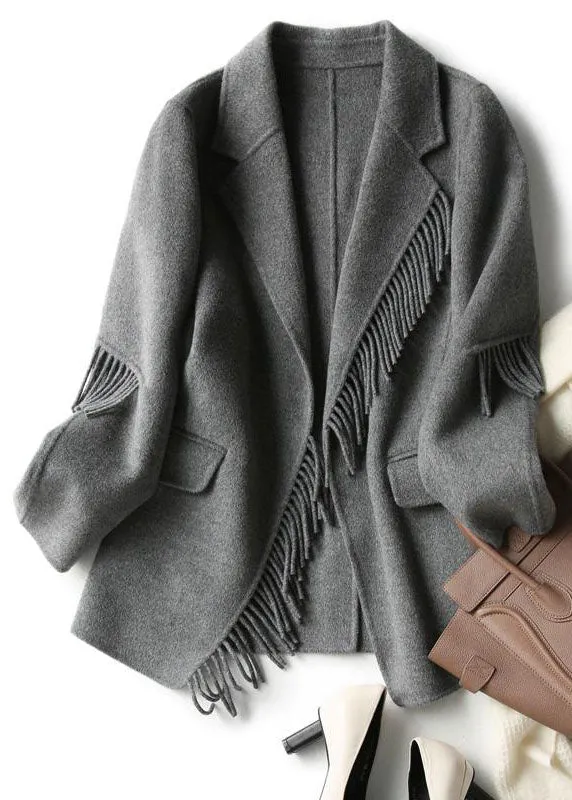 French Grey Notched Tassel Solid Woolen Blend Coat Fall