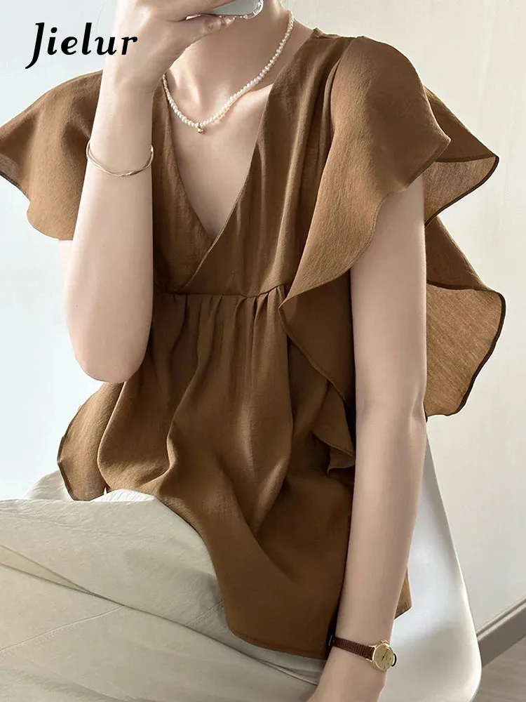 French Style Chic Brown Ruffles Women Blouse Flying Sleeve V-neck Solid Color Fashion Female Blouse Summer Elegant Tops