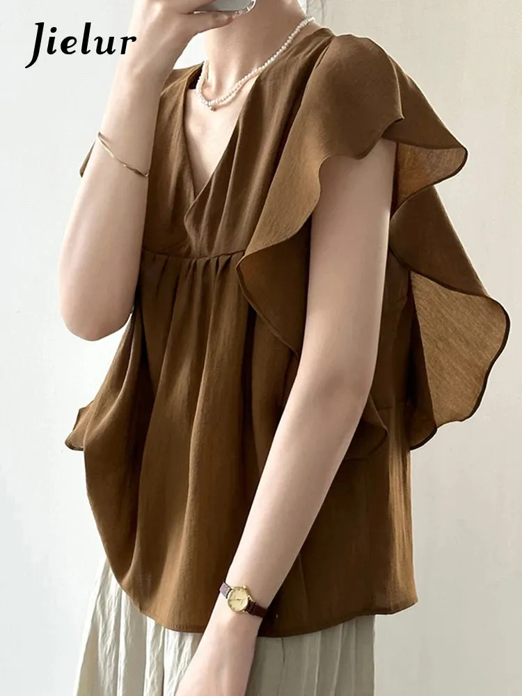 French Style Chic Brown Ruffles Women Blouse Flying Sleeve V-neck Solid Color Fashion Female Blouse Summer Elegant Tops