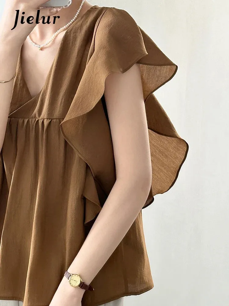 French Style Chic Brown Ruffles Women Blouse Flying Sleeve V-neck Solid Color Fashion Female Blouse Summer Elegant Tops