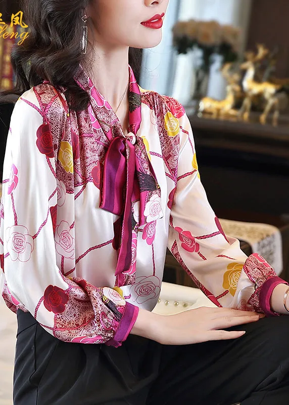 French V Neck Print Neck Tie Silk Shirts Long Sleeve LY0411