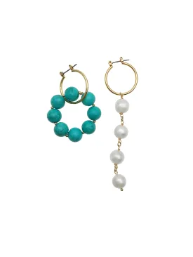 Freshwater Pearls & Turquoise Asymmetrical Clip On Earrings DE209