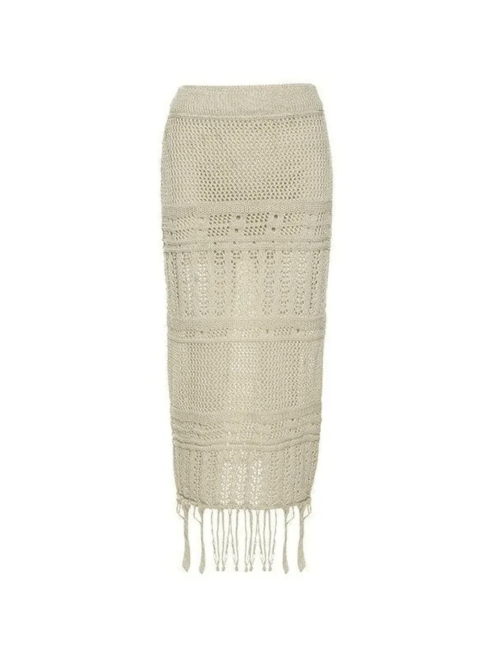 Fringed Crochet Hollow Knit Long Skirt