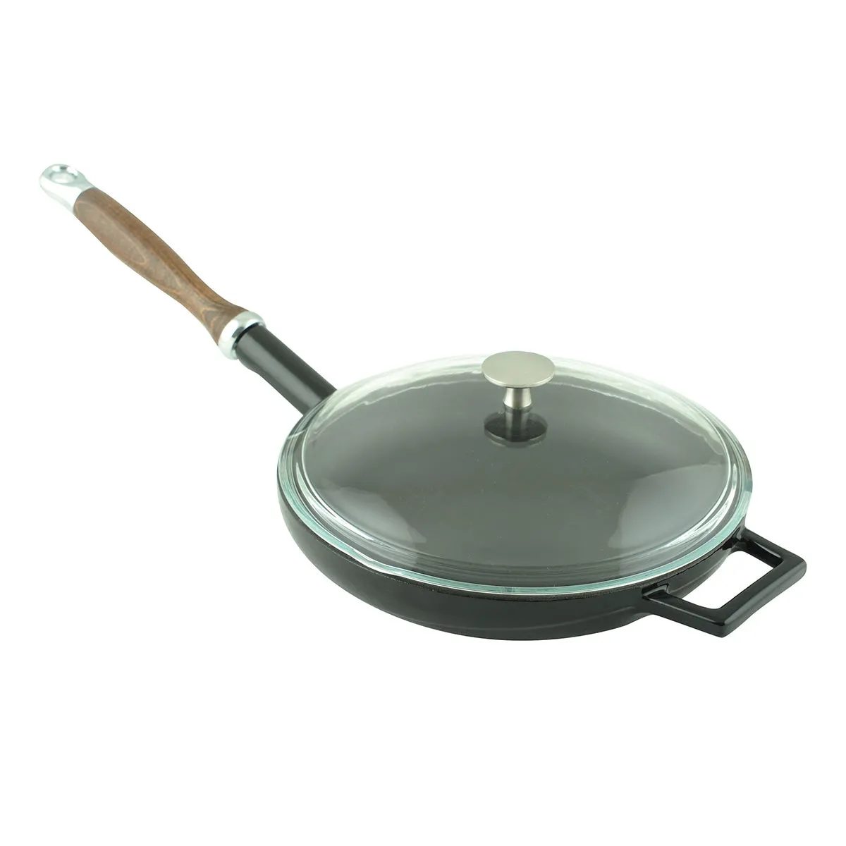 FRYING PANS W/ WOODEN HANDLE & GLASS LID