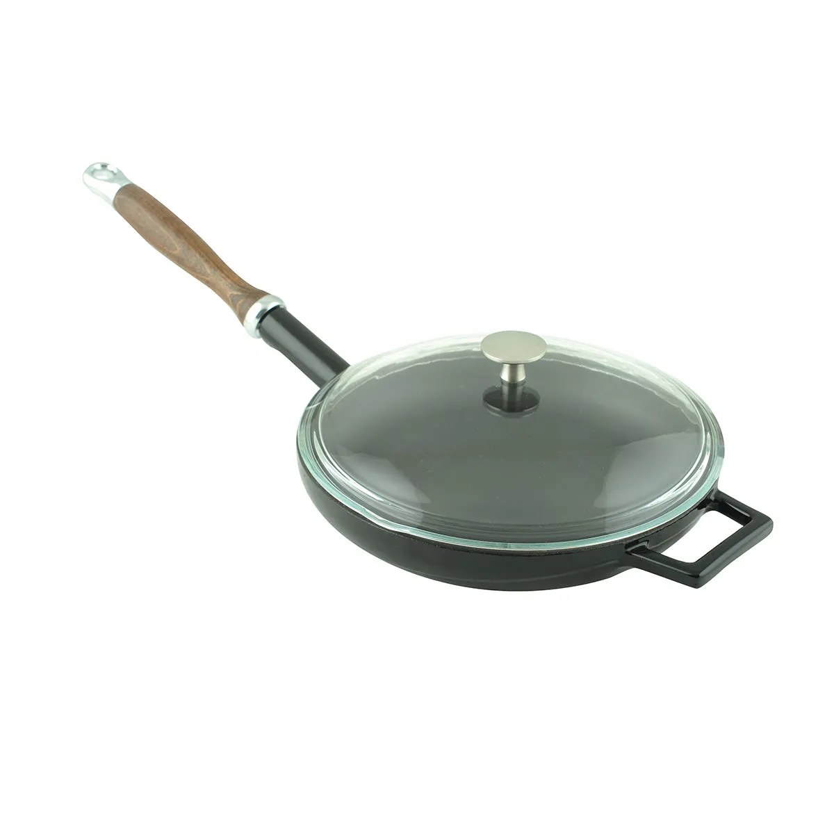 FRYING PANS W/ WOODEN HANDLE & GLASS LID