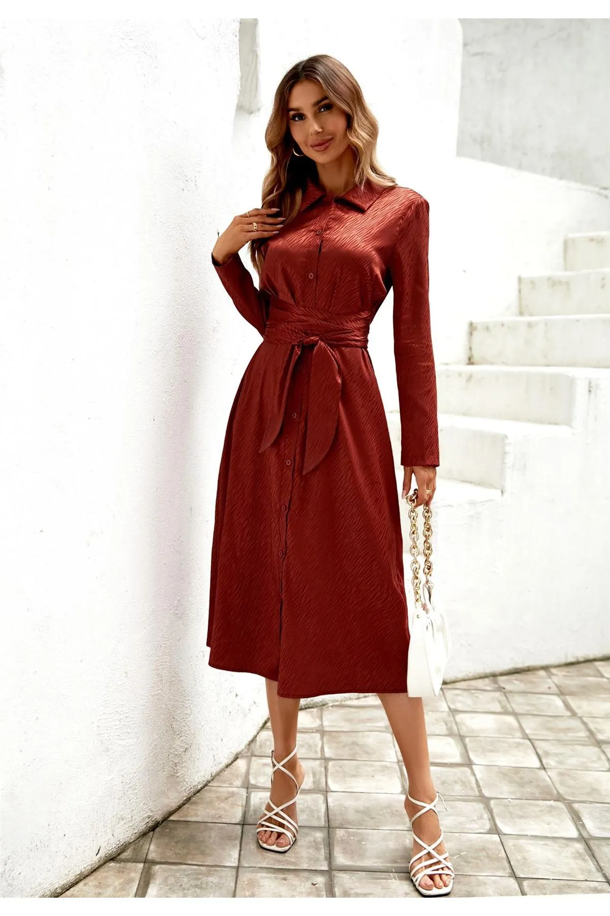 FS Collection Animal Print Shirt Midi Satin Wrap Dress In Copper Red