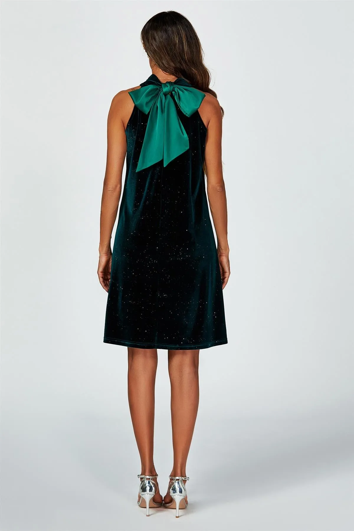 FS Collection Silver Foil Velvet Halter Neck Tie Back Mini Dress In Green