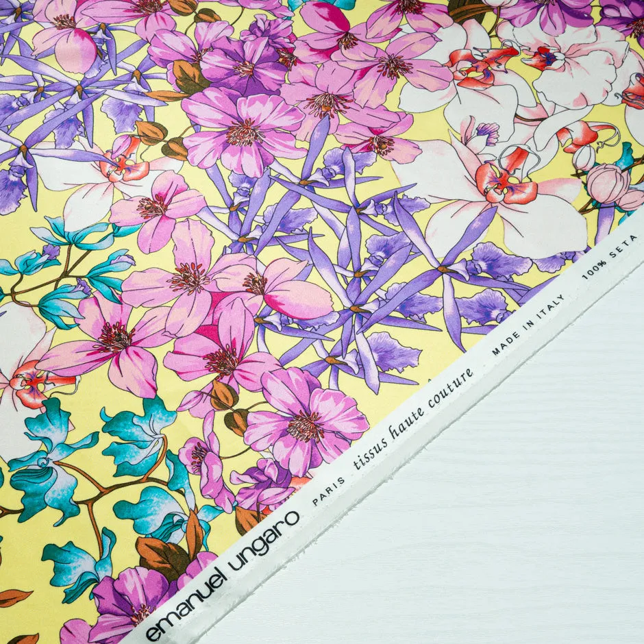 Fuchsia & Purple Floral Printed Yellow Silk Satin