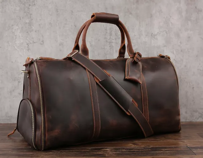 Full Grain Leather Garment Bag Duffle Bag with Shoe Compartment Mens Carry On Bag