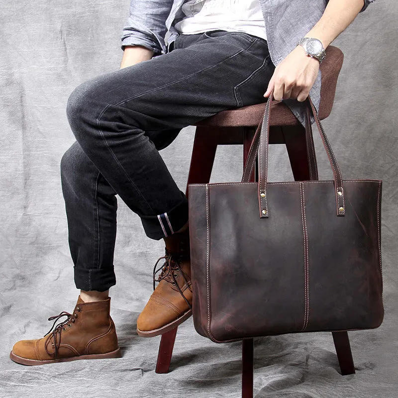 Full Grain Leather Tote Bag Men Leather Shoulder Bag Vintage Leather Handbags