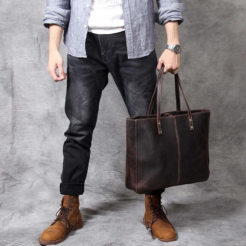 Full Grain Leather Tote Bag Men Leather Shoulder Bag Vintage Leather Handbags