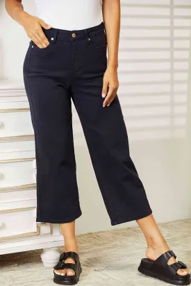 Full Size High Waist Tummy Control Garment Dyed Wide Leg Cropped Jeans