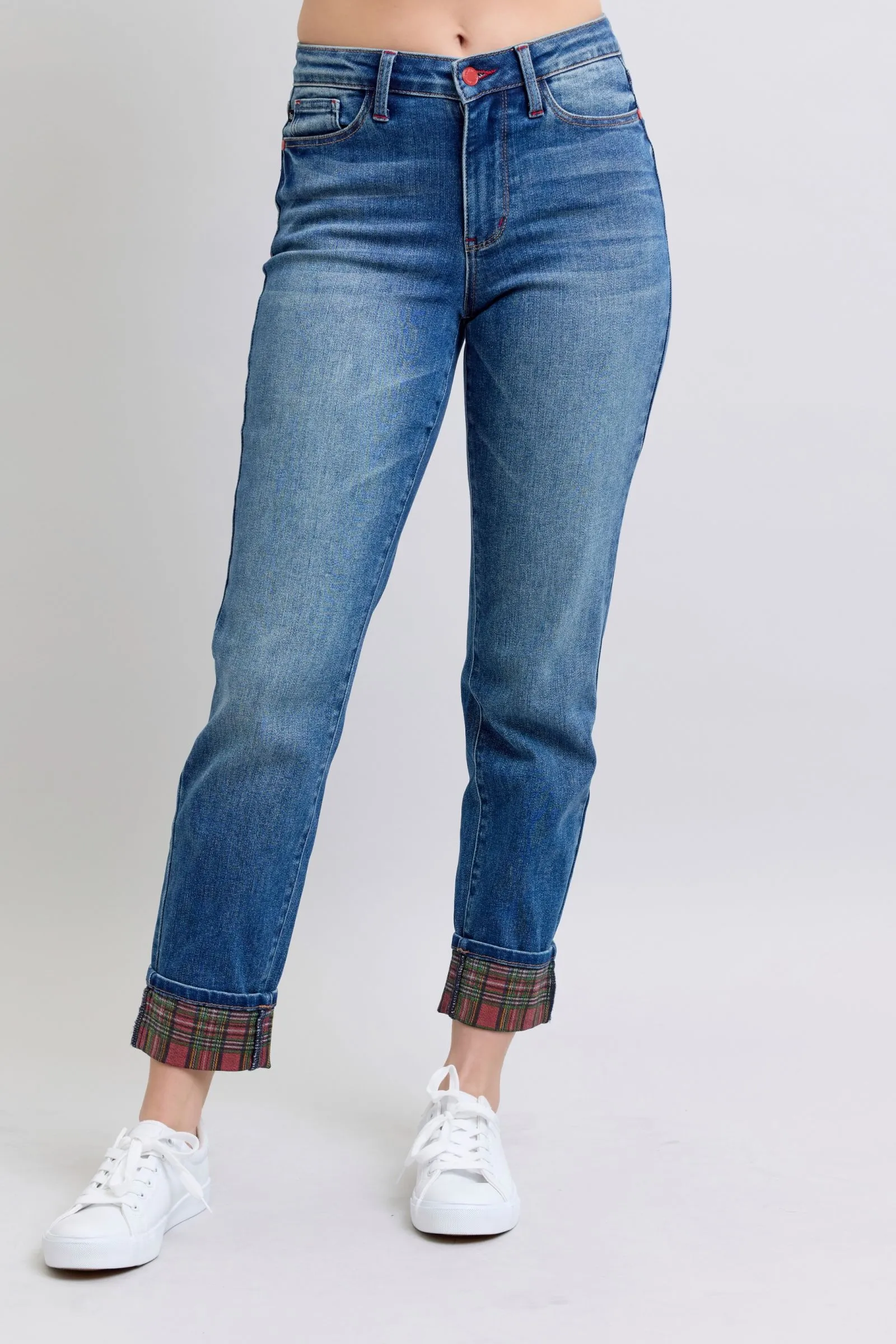 Full Size Plaid Print Cuff Straight Leg Jeans with Pockets