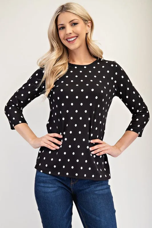 Full Size Polka Dot Round Neck Three-Quarter Sleeve T-Shirt