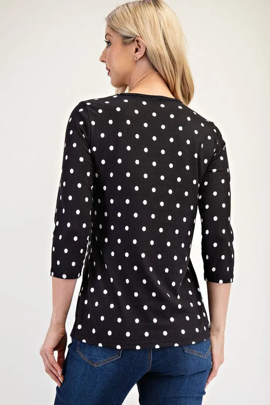 Full Size Polka Dot Round Neck Three-Quarter Sleeve T-Shirt