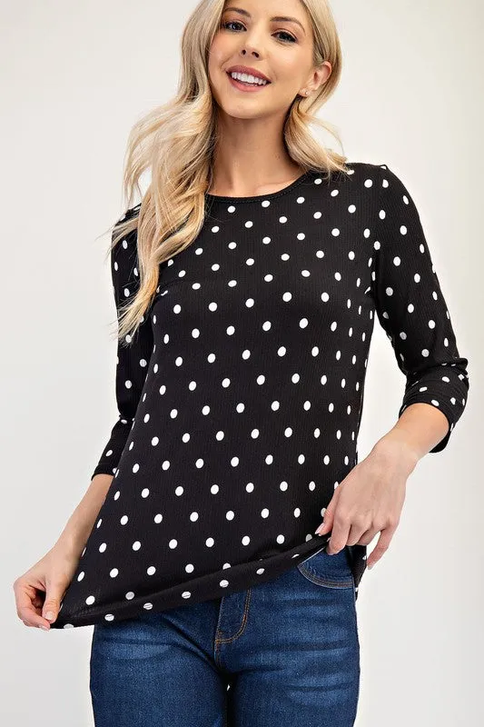 Full Size Polka Dot Round Neck Three-Quarter Sleeve T-Shirt