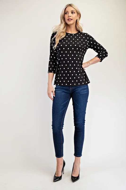 Full Size Polka Dot Round Neck Three-Quarter Sleeve T-Shirt