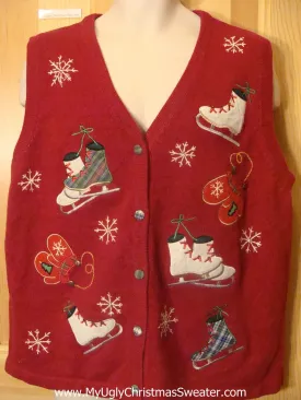 Funny Christmas Sweater Vest Ice Skates and Mittens