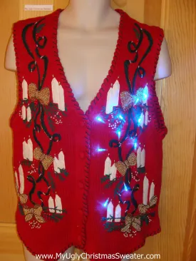 Funny Christmas Sweater Vest with Lights Candles Gold Bows