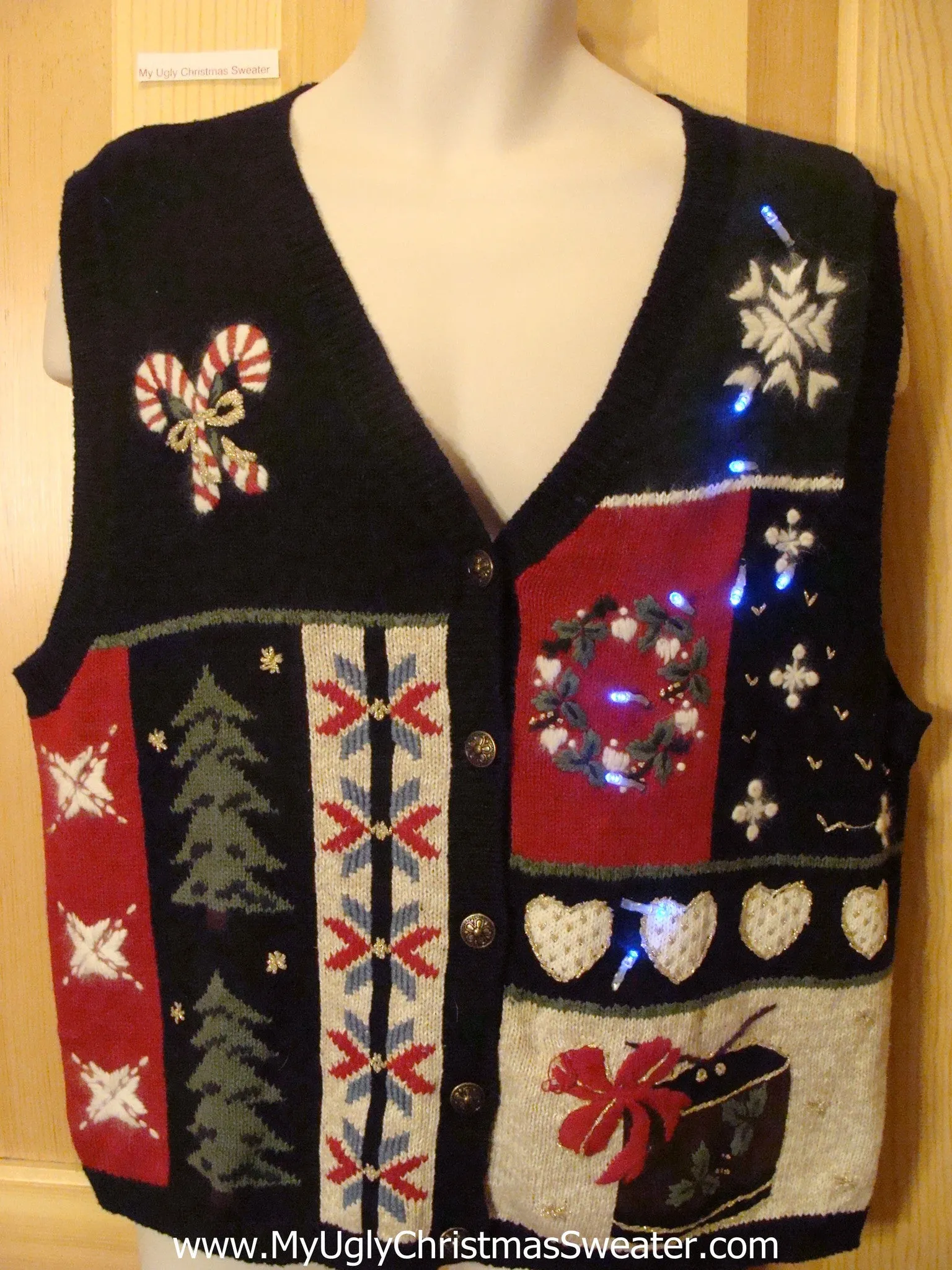 Funny Christmas Sweater Vest with Lights Candycanes