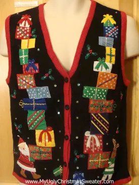 Funny Christmas Sweater Vest with Stacks of Tipsy Gifts